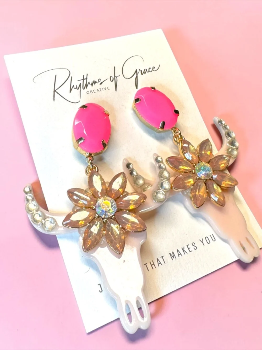 Western Cow Skull Rhinestone Floral Statement Earrings Pink NWT